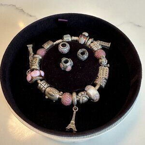 Pandora Bracelet with 20 Assorted Charms Pink and Silver